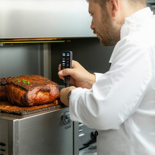 Chef using a probe thermometer to ensure food safety and quality for a luxury wedding event.