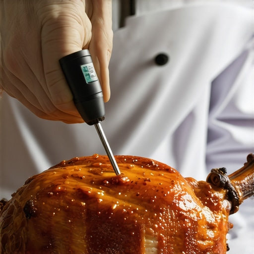 A chef checking food temperature to ensure HACCP compliance during an event setup.