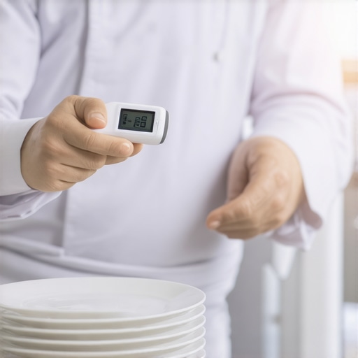 Professional chef checking plate temperature for luxury service.
