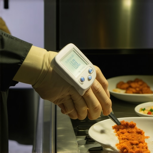 Precision Thermal Monitoring in Professional Catering Chef measuring plate temperature with infrared thermometer