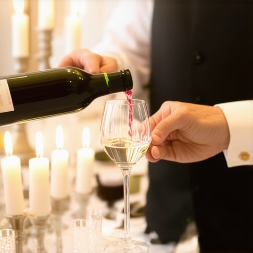 Sommelier pouring wine with technical precision at a high-end wedding