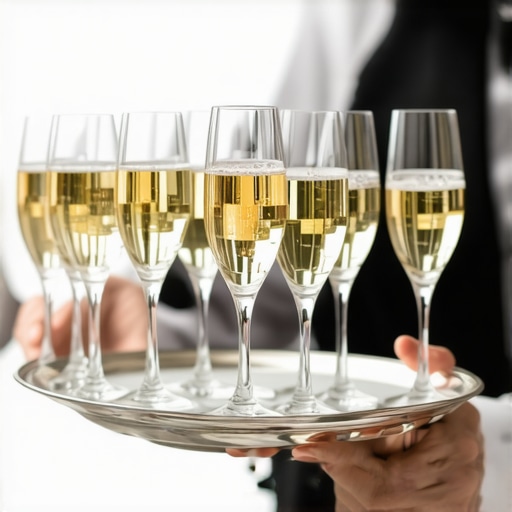 Professional wedding server balancing a tray of drinks at a reception.