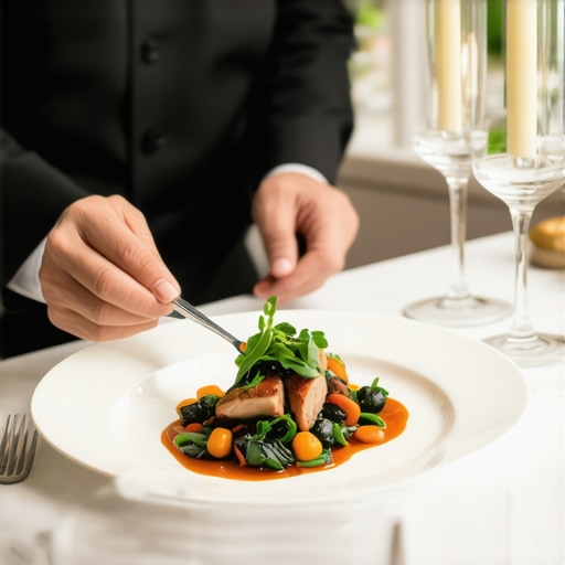 A professional waiter serving a gourmet dish at a high-end wedding reception.