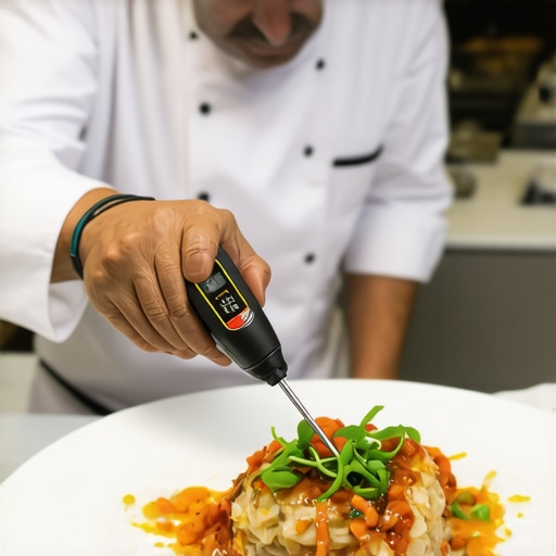 A chef checking food temperature to ensure thermal integrity during a high-end wedding dinner.