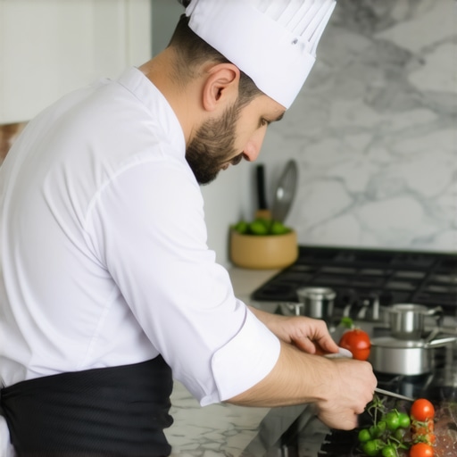 A professional private chef preparing for a luxury event in a modern kitchen.