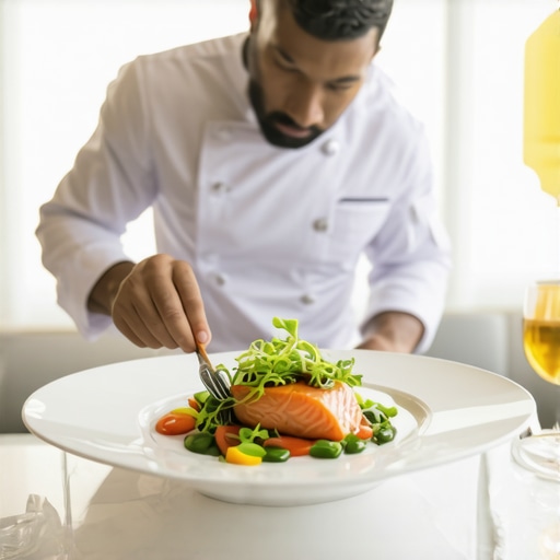 A private chef plating high-end food in a corporate boardroom to ensure freshness and quality.