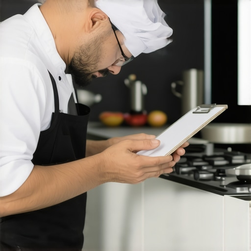 A professional chef performing a pre-event kitchen inspection to ensure appliance compatibility.