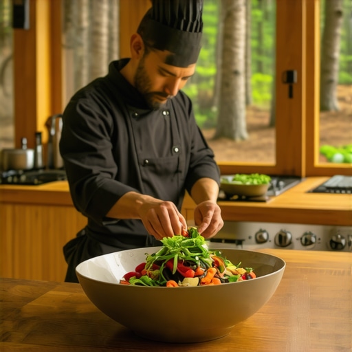 Chef preparing a gourmet meal in a wilderness kitchen setting.