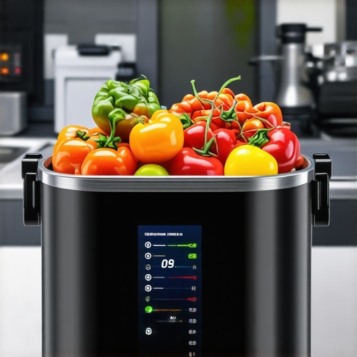 Close-up of a high-tech food transport container featuring digital humidity and temperature monitors for elite catering.
