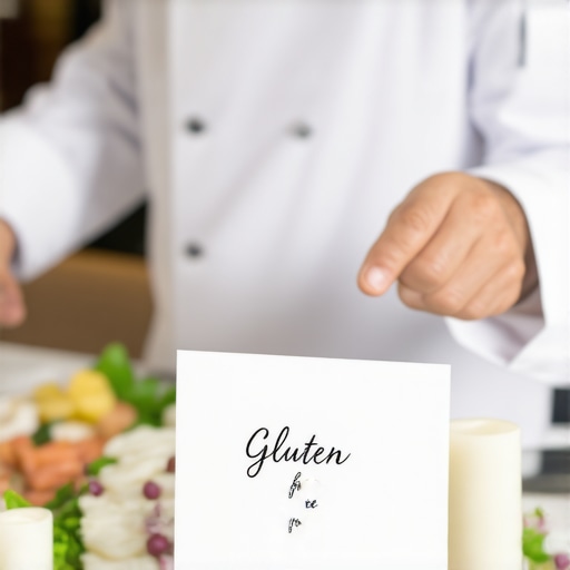 A specialized wedding server explaining dietary details to guests at a high-end food station.