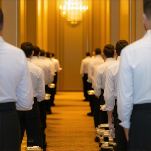 Catering staff using a dedicated service entrance to maintain guest privacy at a high-end wedding.