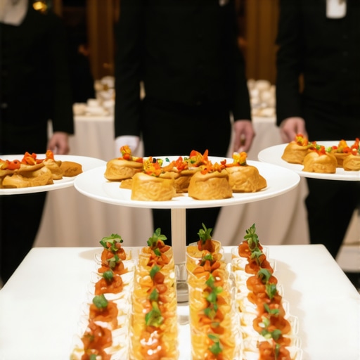 Catering servers moving through a dedicated service corridor at a luxury wedding venue.