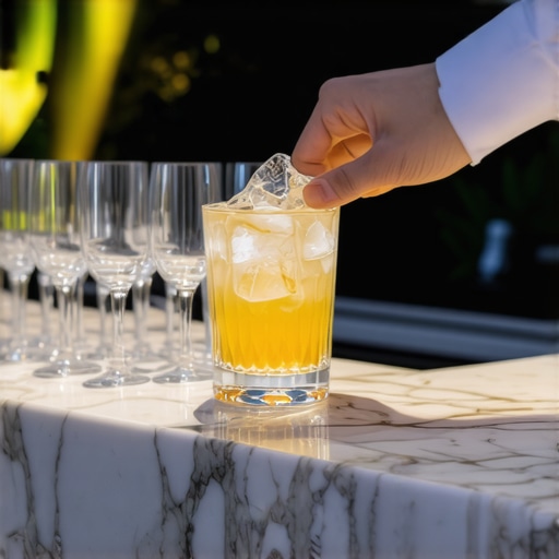 A high-end residential bar station featuring organized glassware and professional cocktail service during an evening event.