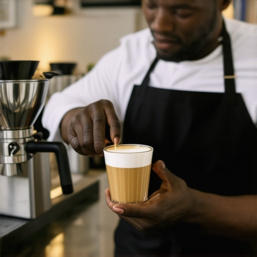 A professional server preparing a custom drink at a high-end corporate coffee station.