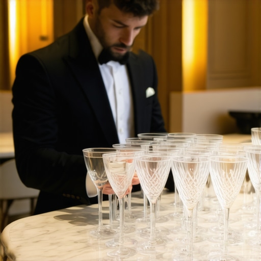 A professional server organizing crystal glasses in a luxury home kitchen for a wedding event.