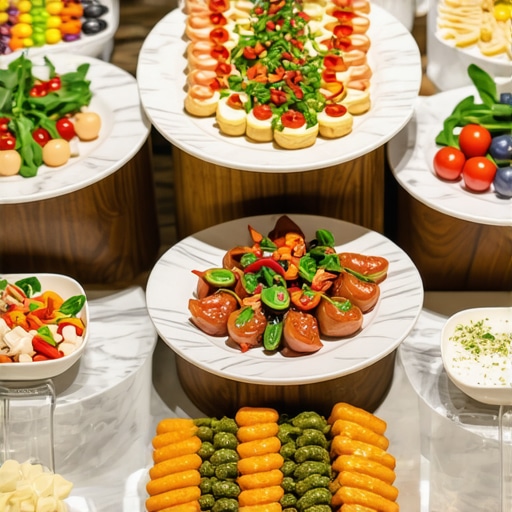 An elegantly arranged corporate lunch buffet using marble risers and ceramic platters to replace delivery containers.