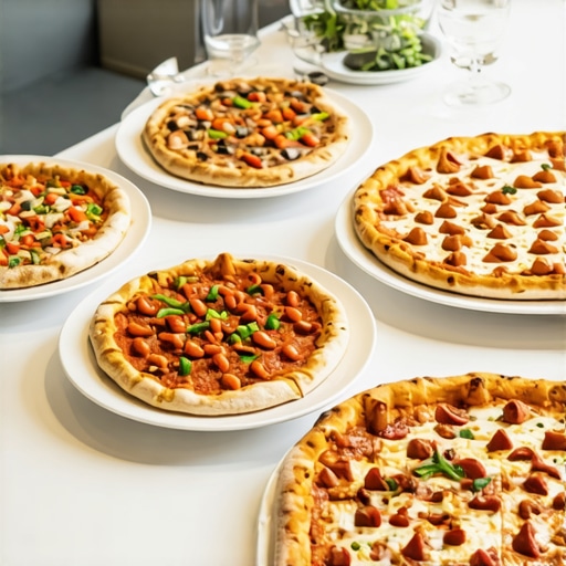 Gourmet pizza displayed on ceramic platters for a corporate meeting lunch