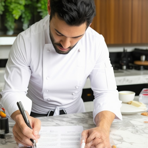 A private chef signing a non-disclosure agreement in a luxury kitchen environment.