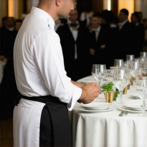 A private chef maintaining a professional distance from guests during a high-end dinner party.