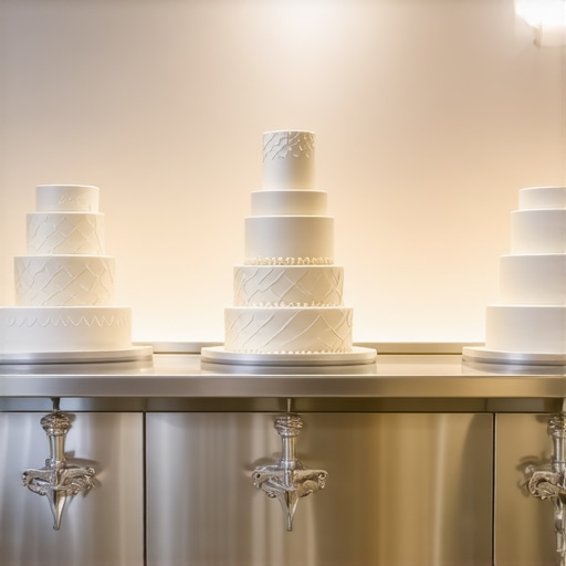 A dedicated temperature-controlled room for staging high-end wedding cakes in a professional kitchen.