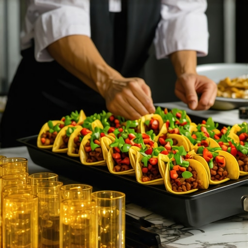 A catering server setting up a taco bar for a high-end wedding event.
