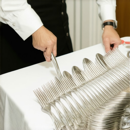 Professional Catering Hardware Setup Staff arranging silver serving utensils at a wedding buffet