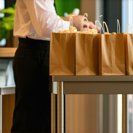 A professional server ensuring catering bags are kept off the floor at a corporate event.