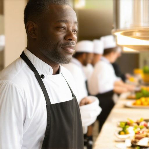 A kitchen liaison coordinating servers and a private chef at a luxury wedding event.