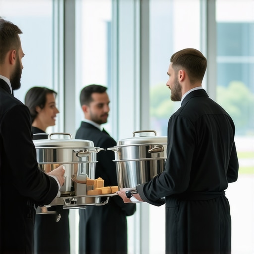 Catering team setting up professional food service equipment in a corporate office.