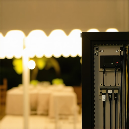 Heavy-duty electrical cables and power distribution for a luxury tented wedding kitchen.
