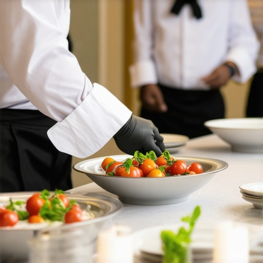 Catering staff clearing tables efficiently at a luxury event using tray techniques.