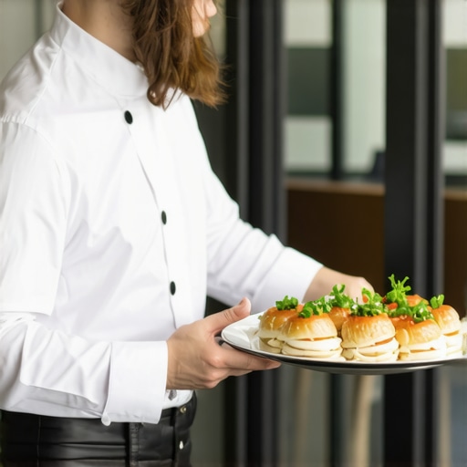 A professional server delivering high-quality catering in a corporate boardroom setting.