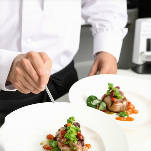 Uniformed professional catering staff plating food in a luxury kitchen setting.