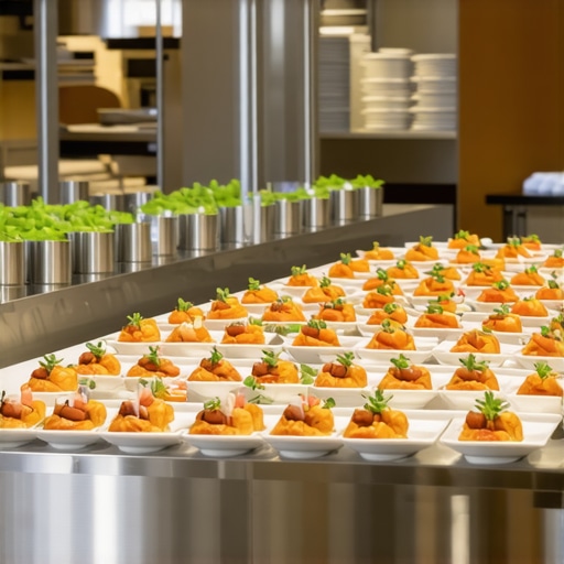 A professional kitchen staging area for a luxury wedding reception showing plated food under heat lamps.