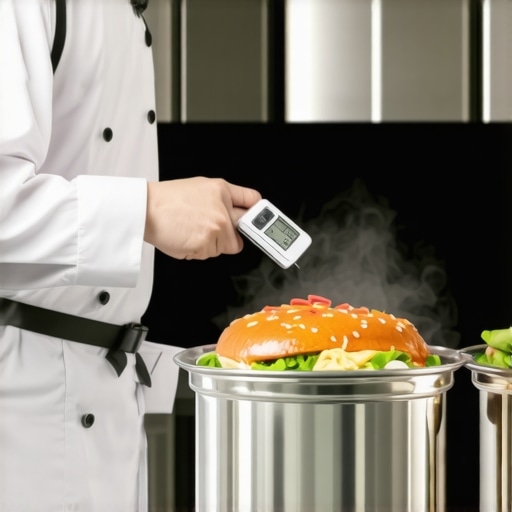 Staff monitoring food temperature with professional equipment
