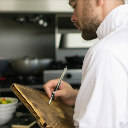 A private chef records ingredient traceability and safety logs in a luxury kitchen setting.