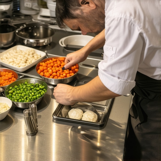 Private chef organizing food preparation in a residential kitchen