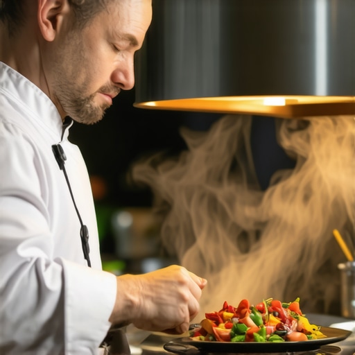 A private chef plating a gourmet meal under a professional ventilation system in a luxury estate.