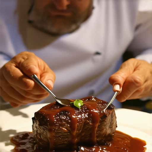 A close-up of a private chef's hands carefully adding finishing sauce to a luxury entrée during an event.