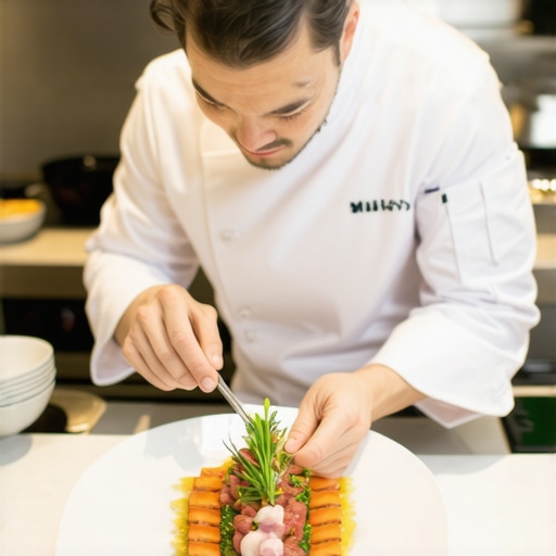 A private chef maintaining high sanitation standards while plating a wedding dinner course in a client's home.