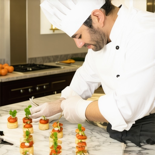 A private chef organizes a plating station on a home kitchen island for a high-end event.