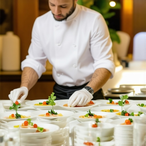 A chef expediting plates at a high-end wedding event to ensure temperature control.