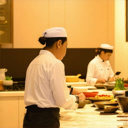 A private chef and servers working in a quiet high-end kitchen to maintain event ambiance.