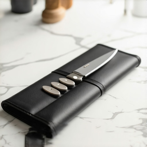 Close-up of a chef's knife roll and specialized kitchen equipment on a marble surface.