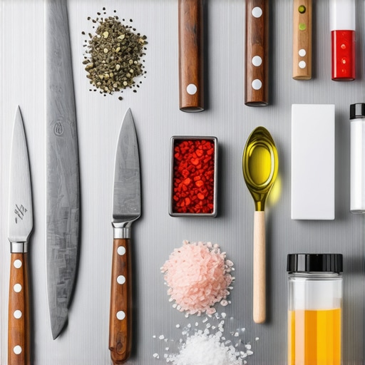 Close up of a private chef's professional tools and specialty pantry ingredients on a prep table.