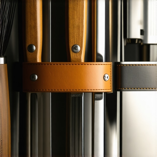 Professional chefs knives and culinary equipment arranged in a high-end protective leather roll
