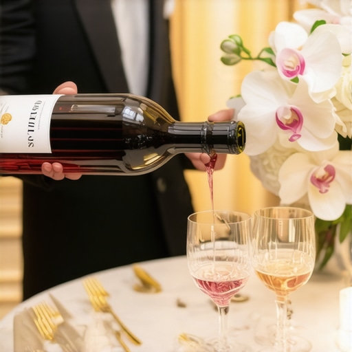 A tuxedo-clad server performing a formal wine service at a high-end wedding dinner.