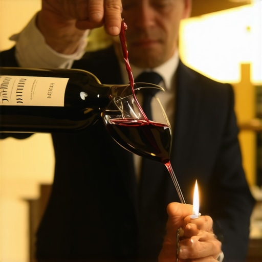 A close-up of a server decanting red wine into a glass decanter with a candle light under the bottle neck.