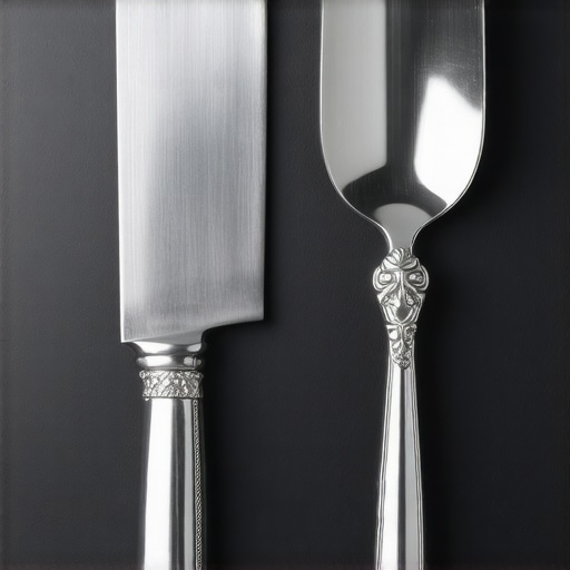 Close-up comparing the industrial build of a chef's knife to a delicate silver spoon.