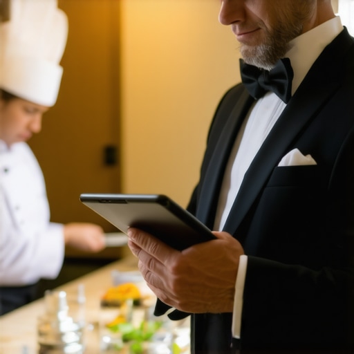 An event captain and private chef coordinating service in a luxury kitchen environment.